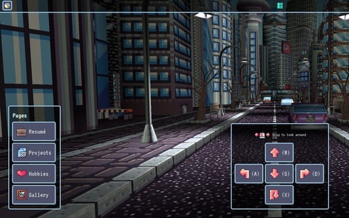 The interactive portfolio: a pixel-art city street you drive through